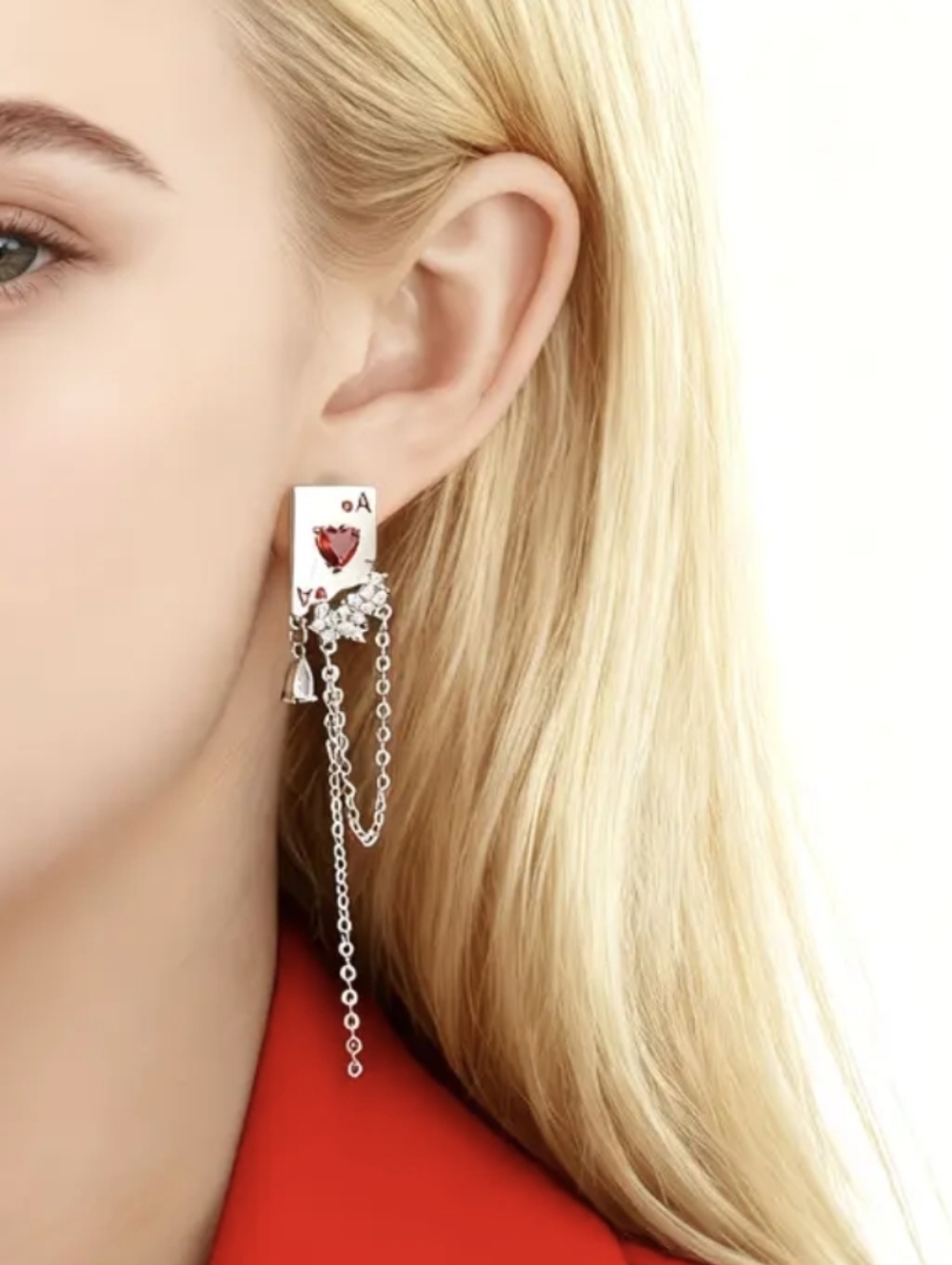 Ace Of Hearts Silver Playing Cards Tassel Dangling Earrings